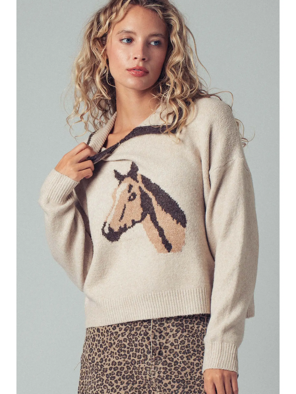 Horse Motif Knit Sweater - IVORY