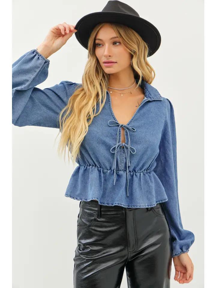 Washed Cotton Denim Drop Waist Top with Split Neck