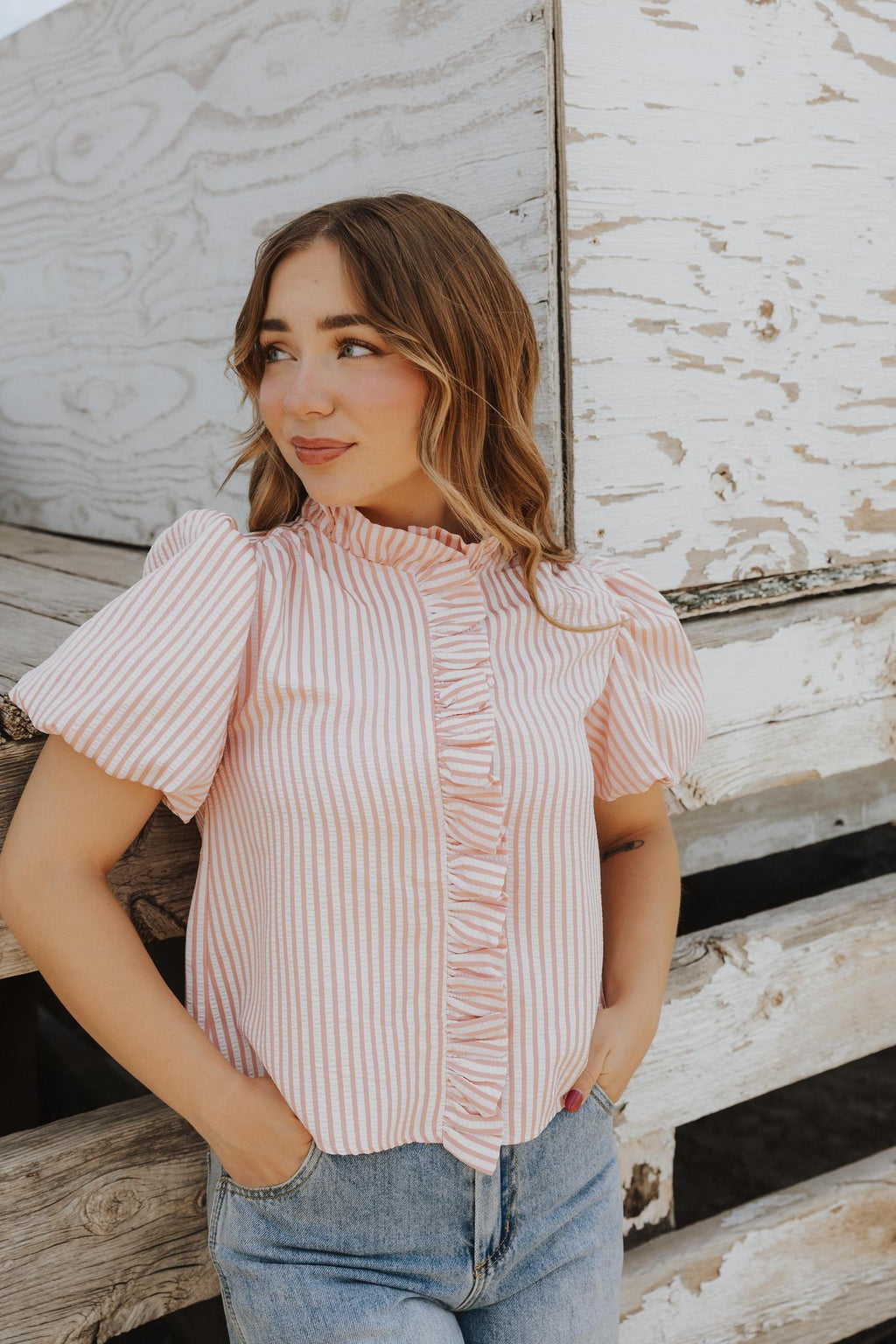 Striped Ruffled Button Down Top - PINK BLUSH