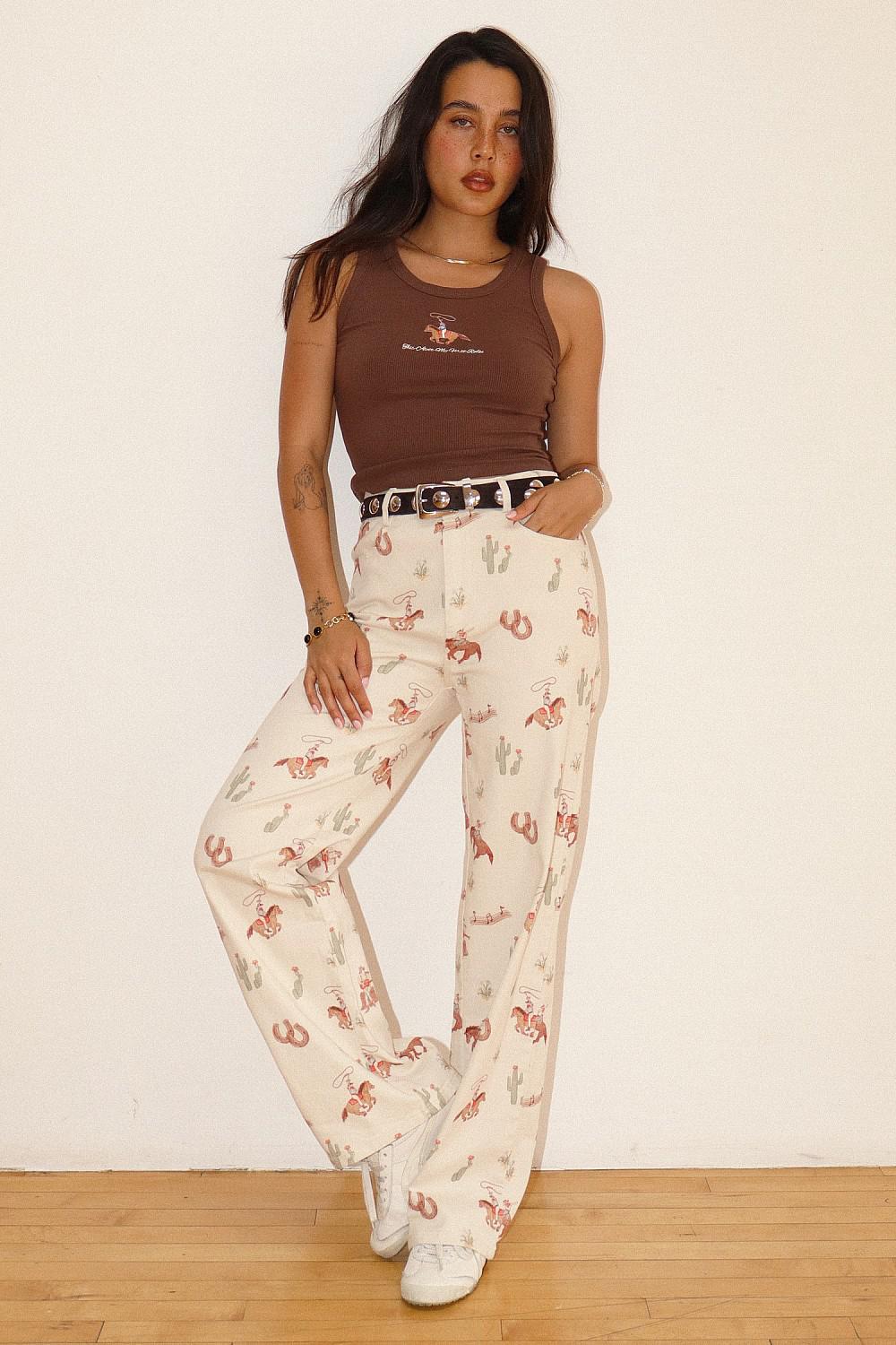 COWGIRL PRINT STRAIGHT-LEG PANTS - ECRU