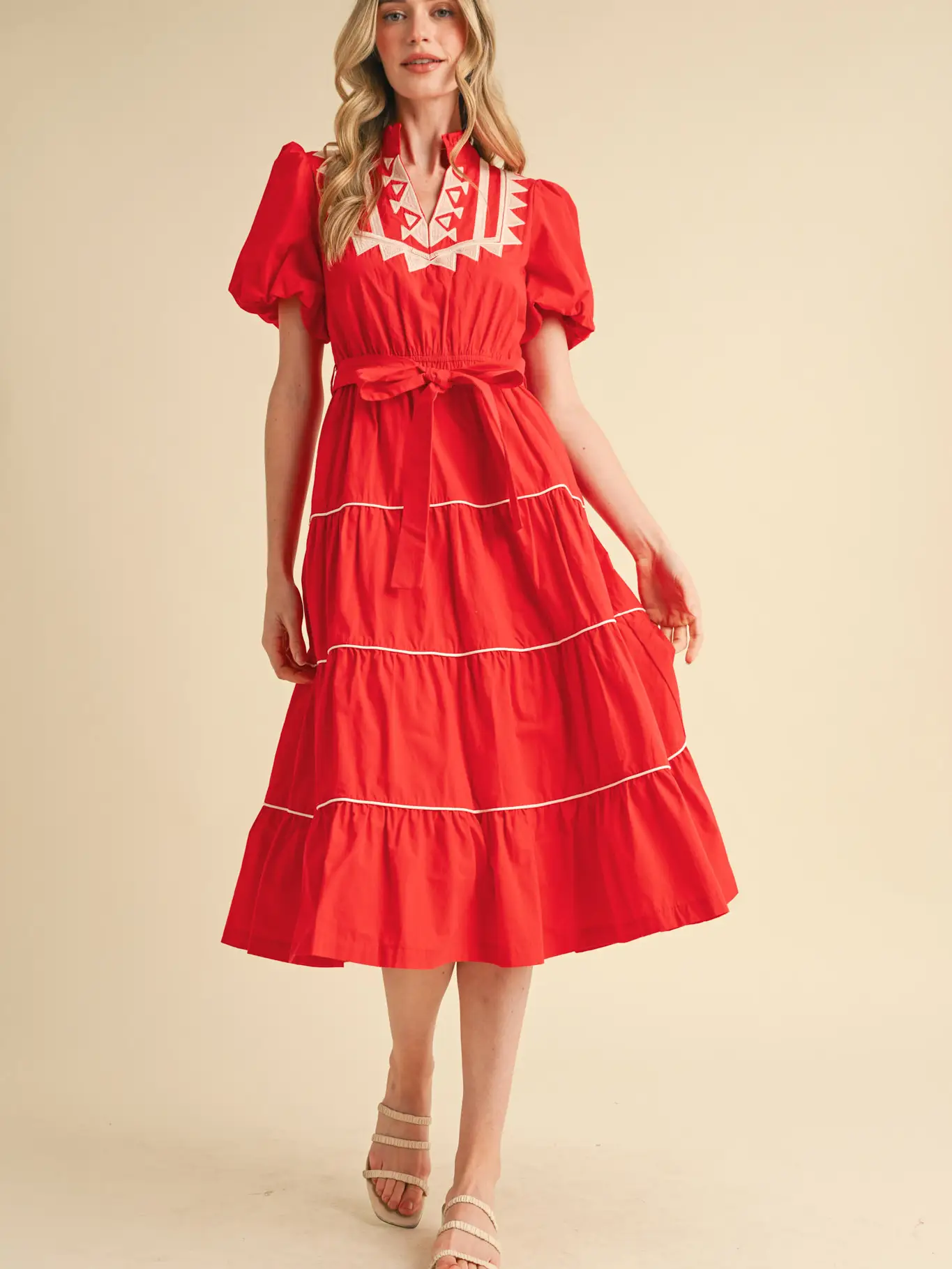 Embroidered Puff Sleeve Tiered Midi Dress - CHERRY RED