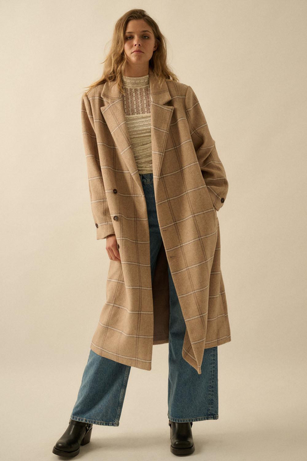 Paid Herringbone Tweed Calf-Length Overcoat
