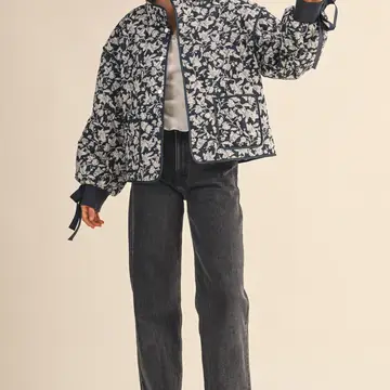 Floral Quilted Jacket with Ribbon Detail MJK3622 - navy floral