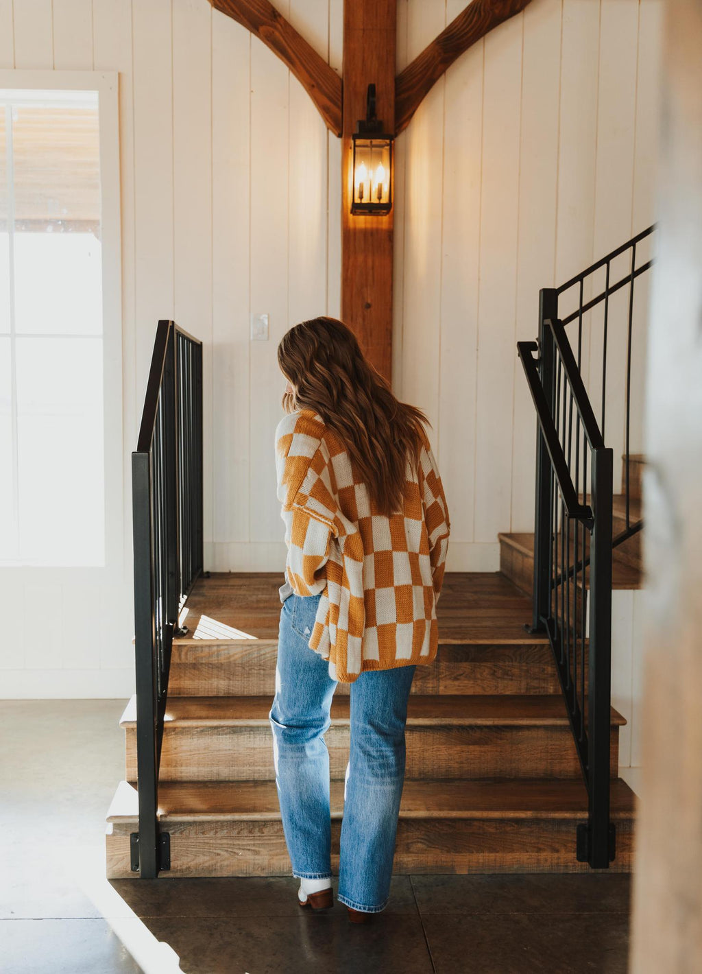 Check Dropped Shoulders Cardigan - White & Taupe