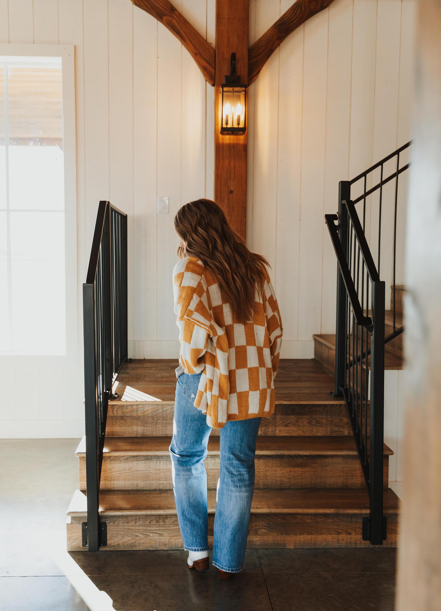 Check Dropped Shoulders Cardigan - White & Taupe
