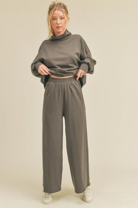 Grey Draped Mock Neck Top & Wide Leg Pant Set