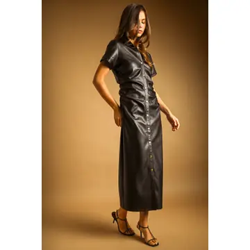 Faux Leather Buttondown Short Sleeve Dress - BLACK