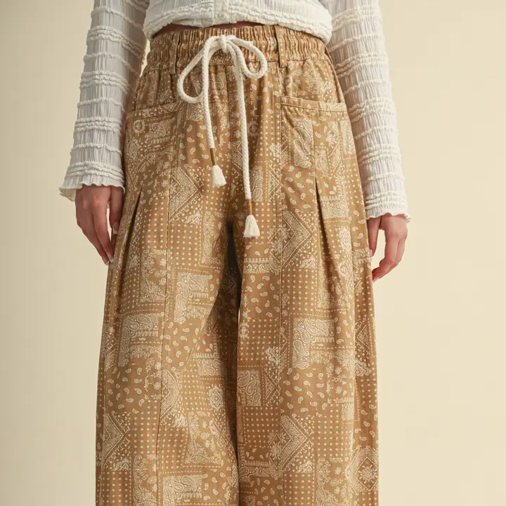 Bandana Print Pleated Barrel Pants - SAND