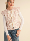 Flutter Sleeve Floral Quilted Vest - IVORY PINK FLORAL