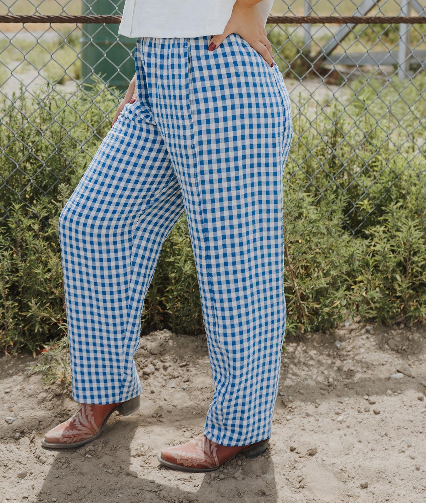 Gingham Pattern Elastic Band Waist Pants - BLUE/WHITE