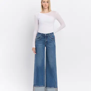 High Rise Cuffed Panel Baggy Wide Jeans - SHINE