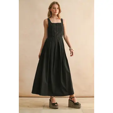 Stitch Front Pleated Detail Dress - Black