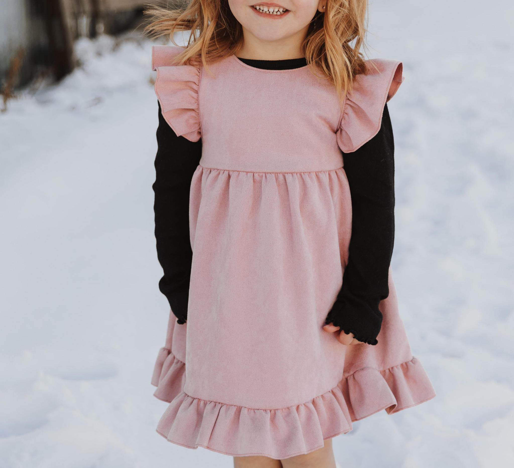 GIRLS PINK SUEDE RUFFLE GIRLS DRESS