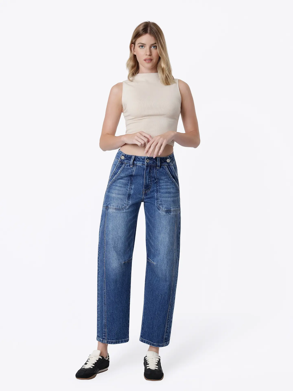 High Rise Side Buttons Double Pockets Barrel Jeans