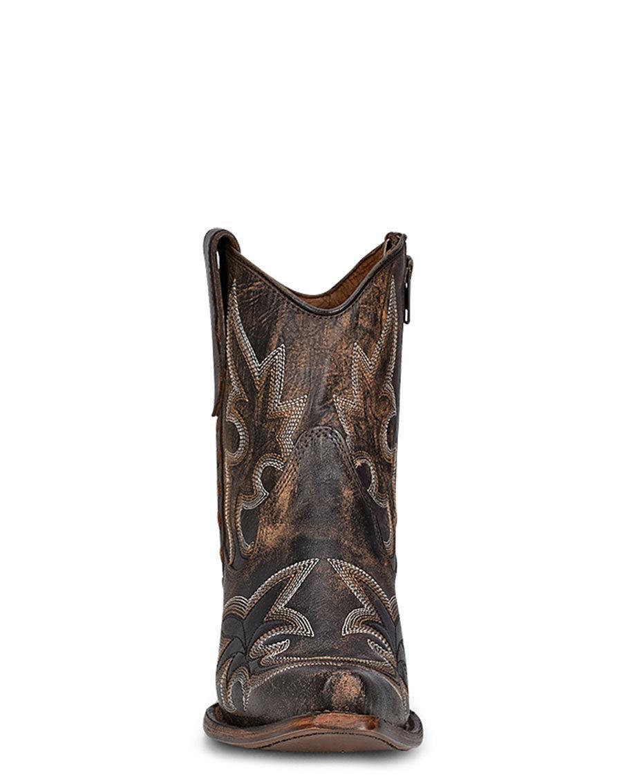 LD BLACK/BROWN EMBROIDERY & ZIPPER ANKLE BOOT L5917