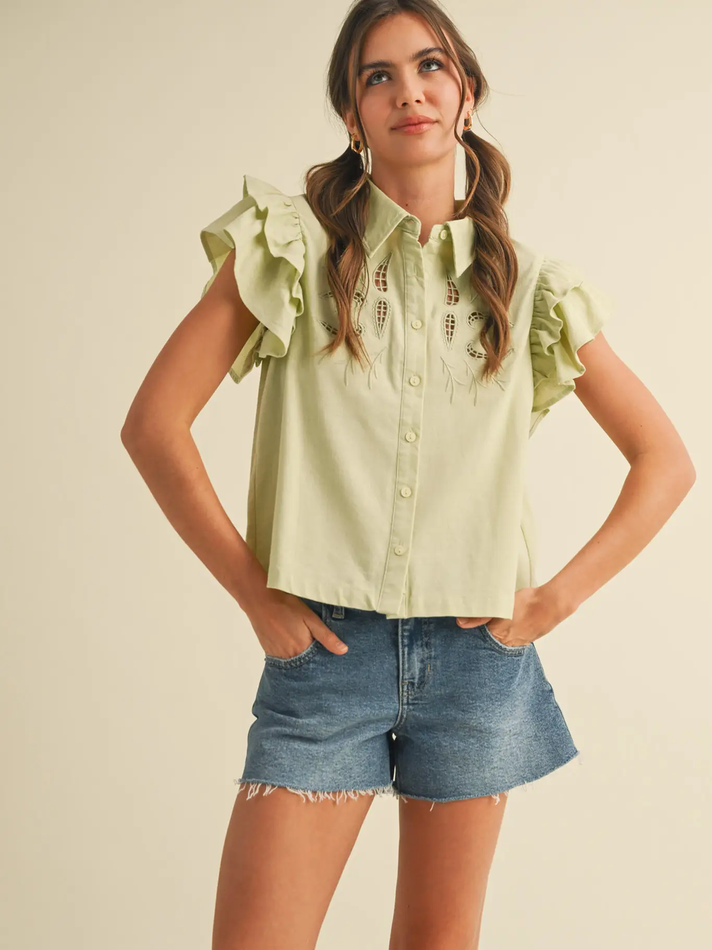 Embroidered Cut Out Button Down Top - SAGE LIME