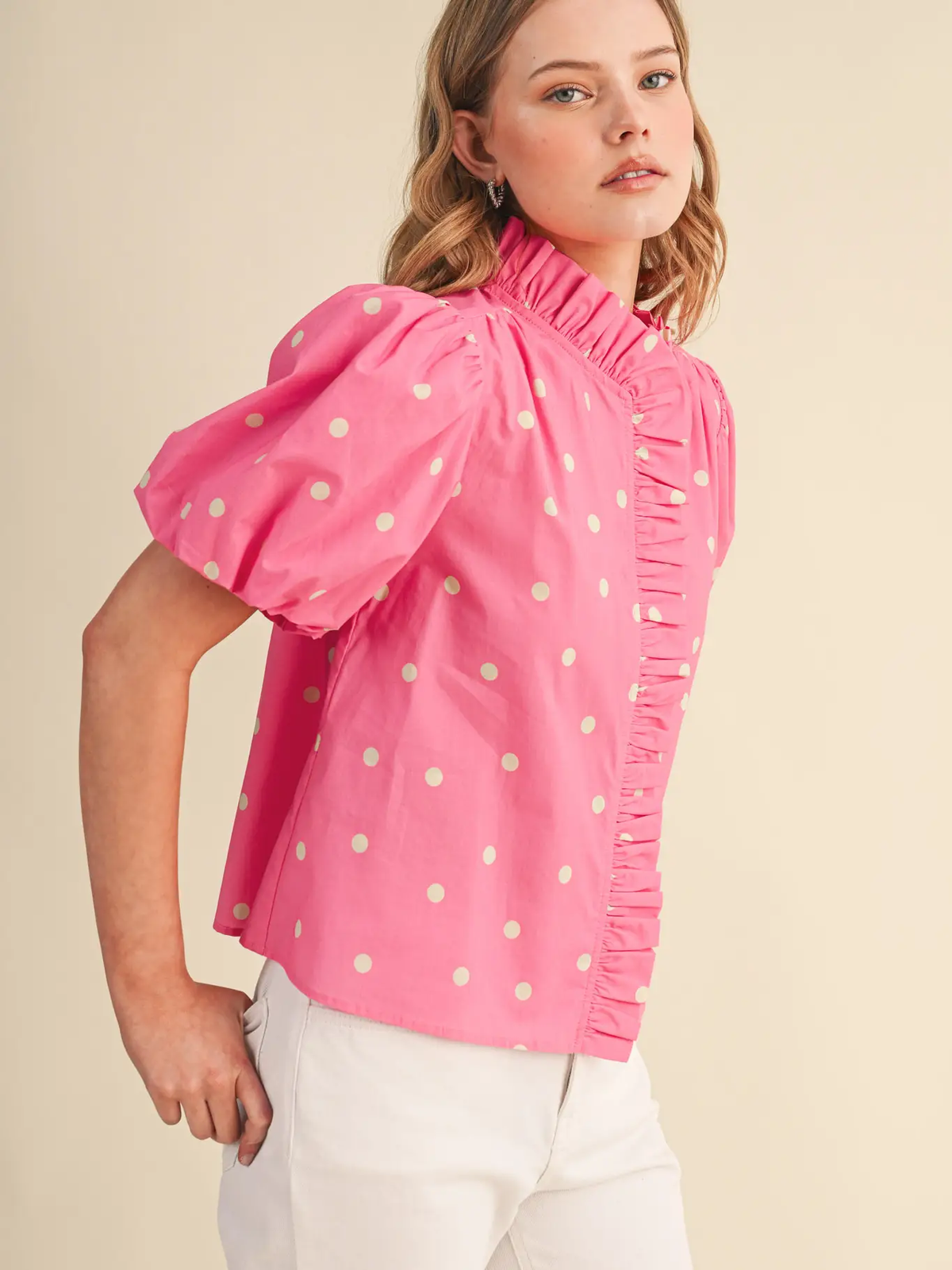 Polka Dot Ruffled Button Down Top - PINK