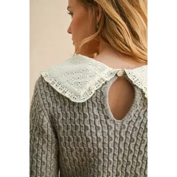 Long Sleeve Cable Knit with Crochet Collar