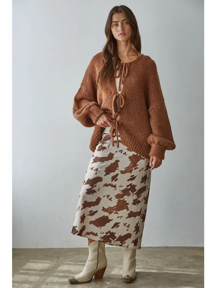 Woven Cow Print Satin Midi Skirt