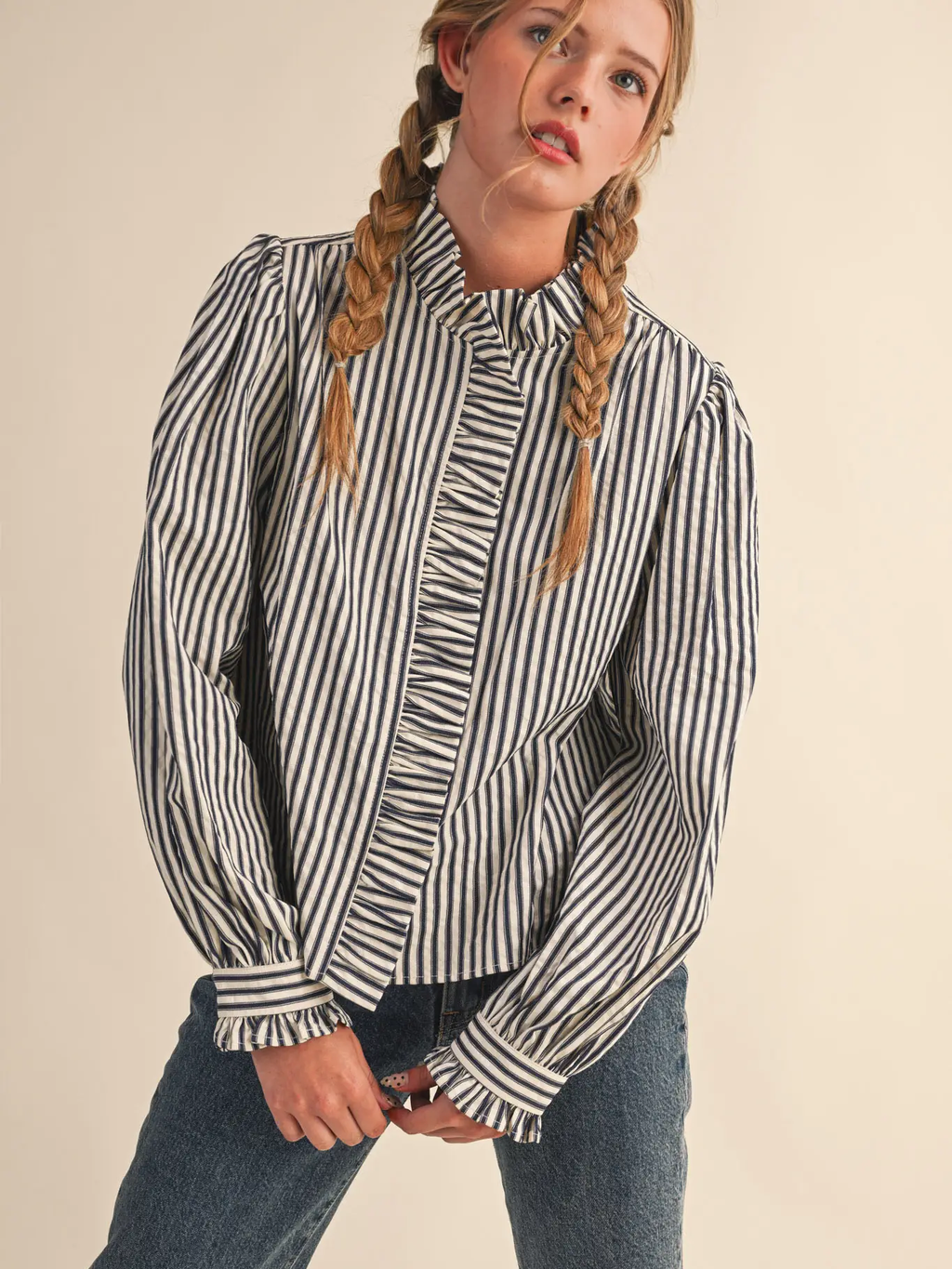 Striped Ruffled Button Down Long Sleeve Top - BLACK STRIPE