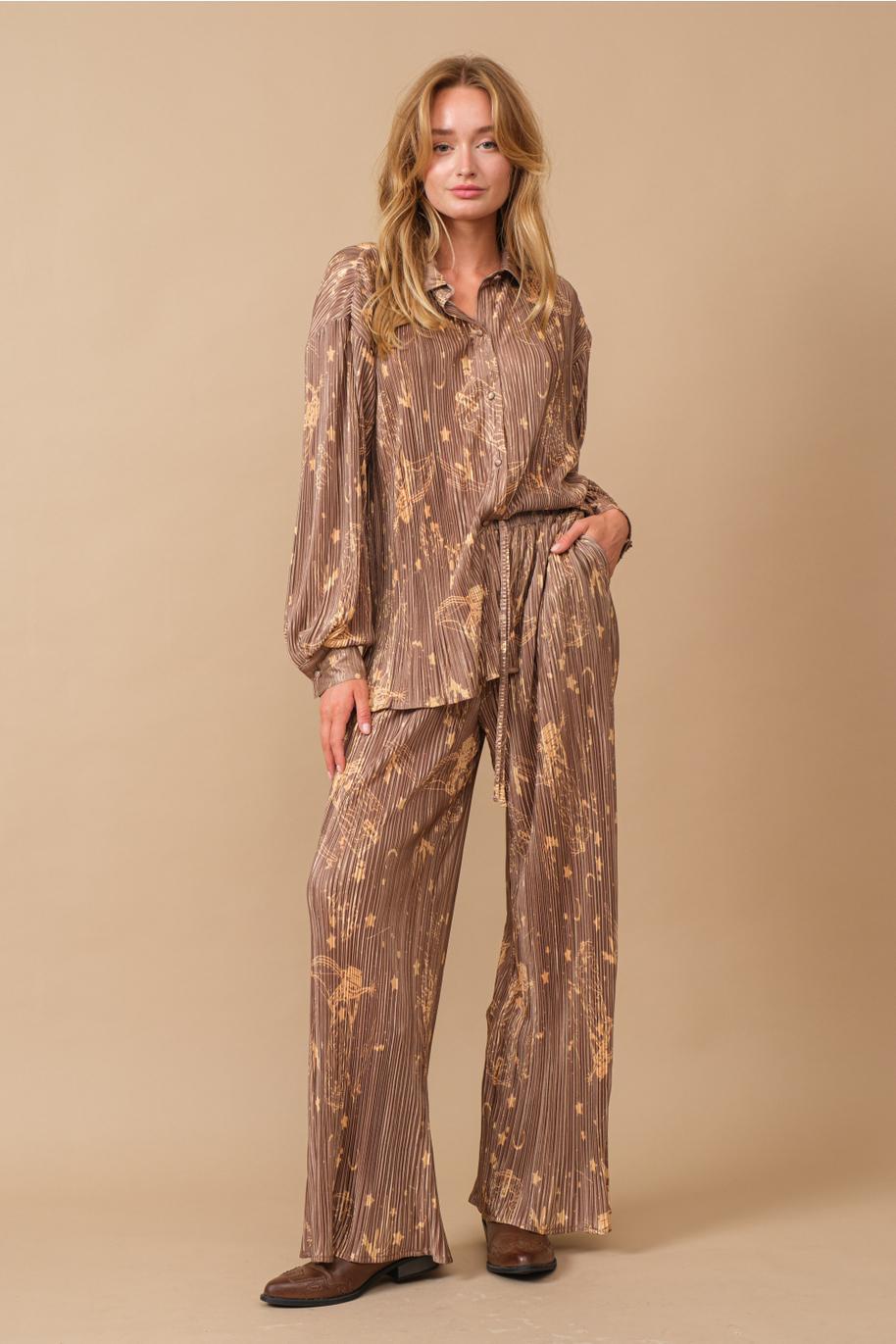 Press Pleated Moonlight Western Shirt Pants Set - Brown