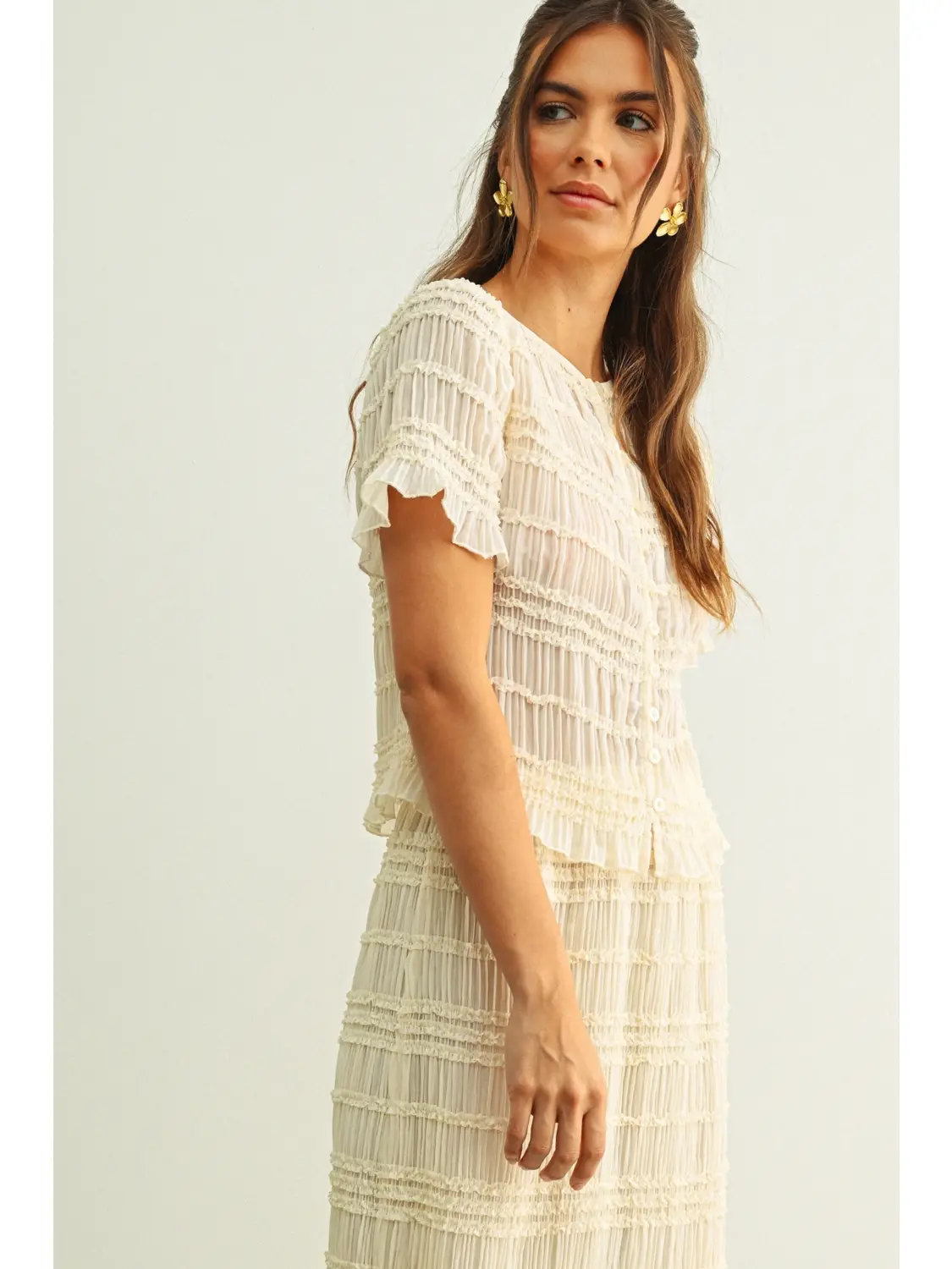 Chiffon Short Sleeve Button Front Top - BEIGE