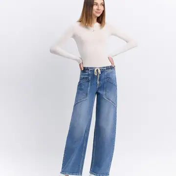 High Rise Elastic Waistband Wide Barrel Jeans - UPSTANDING