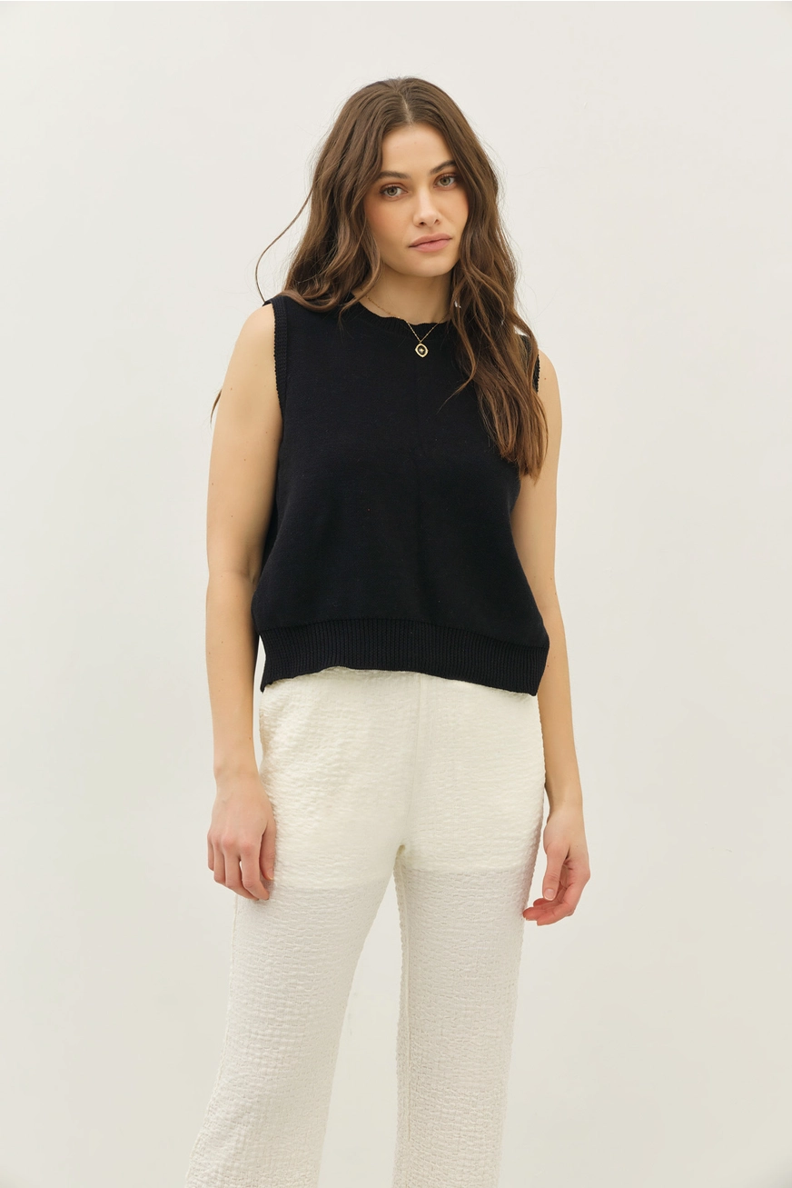 Sweater Vest Top with Back Contrast Bow Tie Details - Black