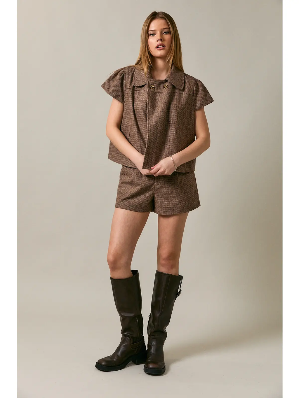 Peter Pan Collar Houndstooth Short Sleeve Top
