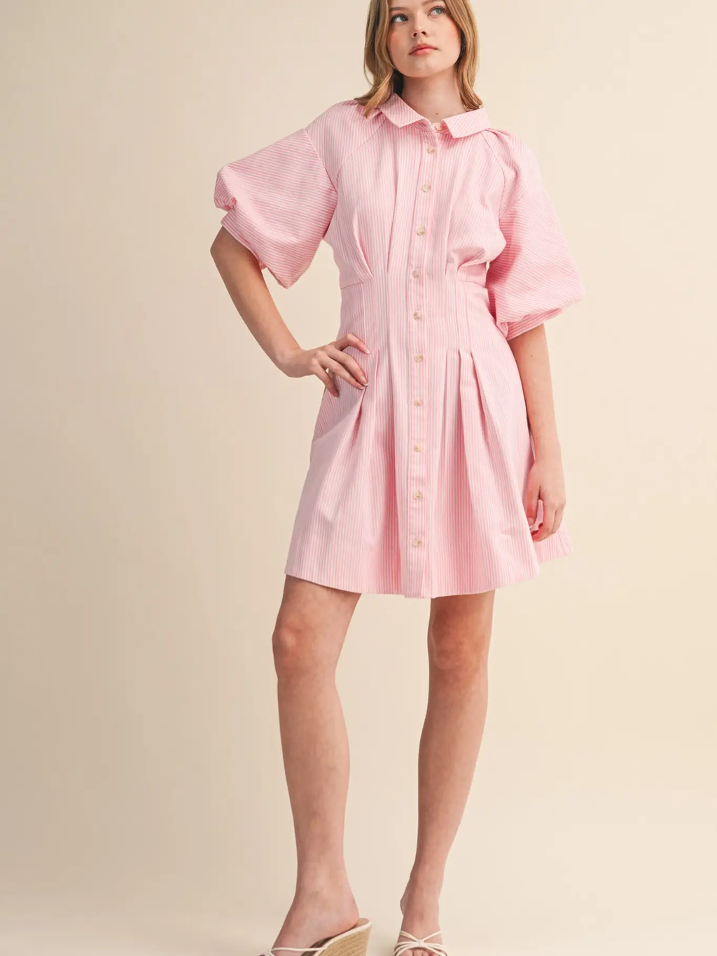 Striped Pleated Waist Button Down Mini Dress - BLACK STRIPE