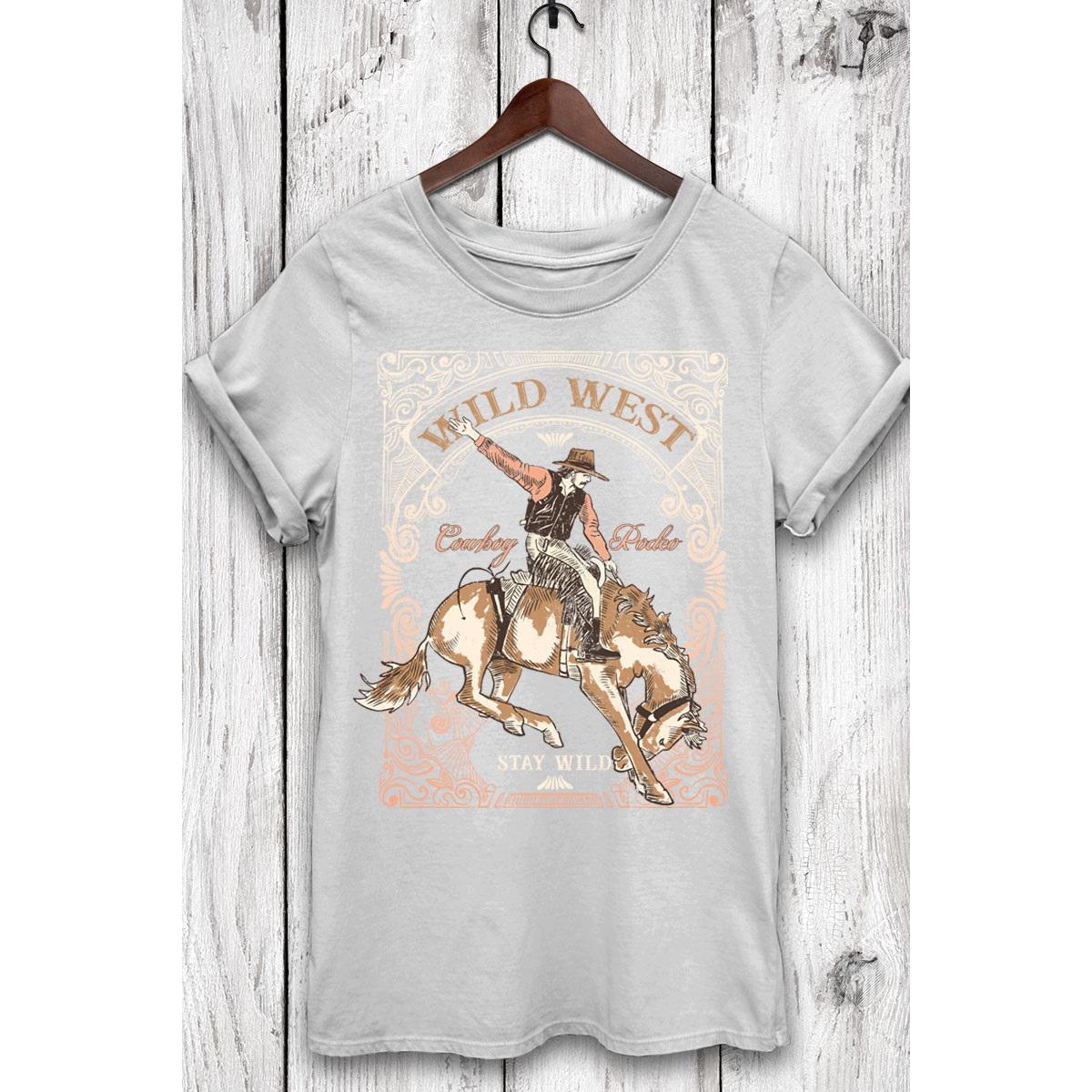 WILD WEST COWBOY RODEO SHORT SLEEVE GRAPHIC TEE - LT GREY
