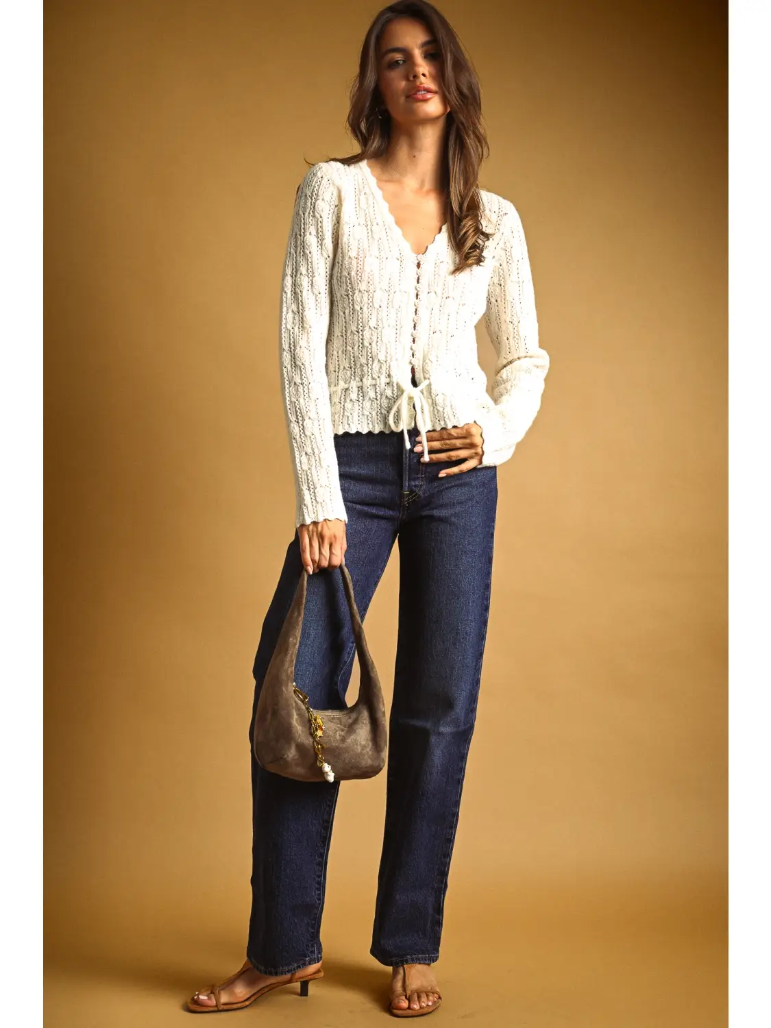Lace Knit with Drawsting On Waist Knit Cardigan - CREAM