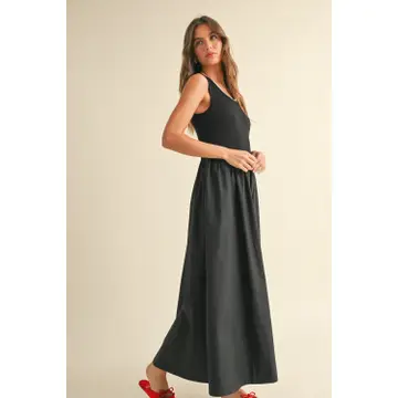 Ribbed Top Woven Skirt Combo Dress - Black