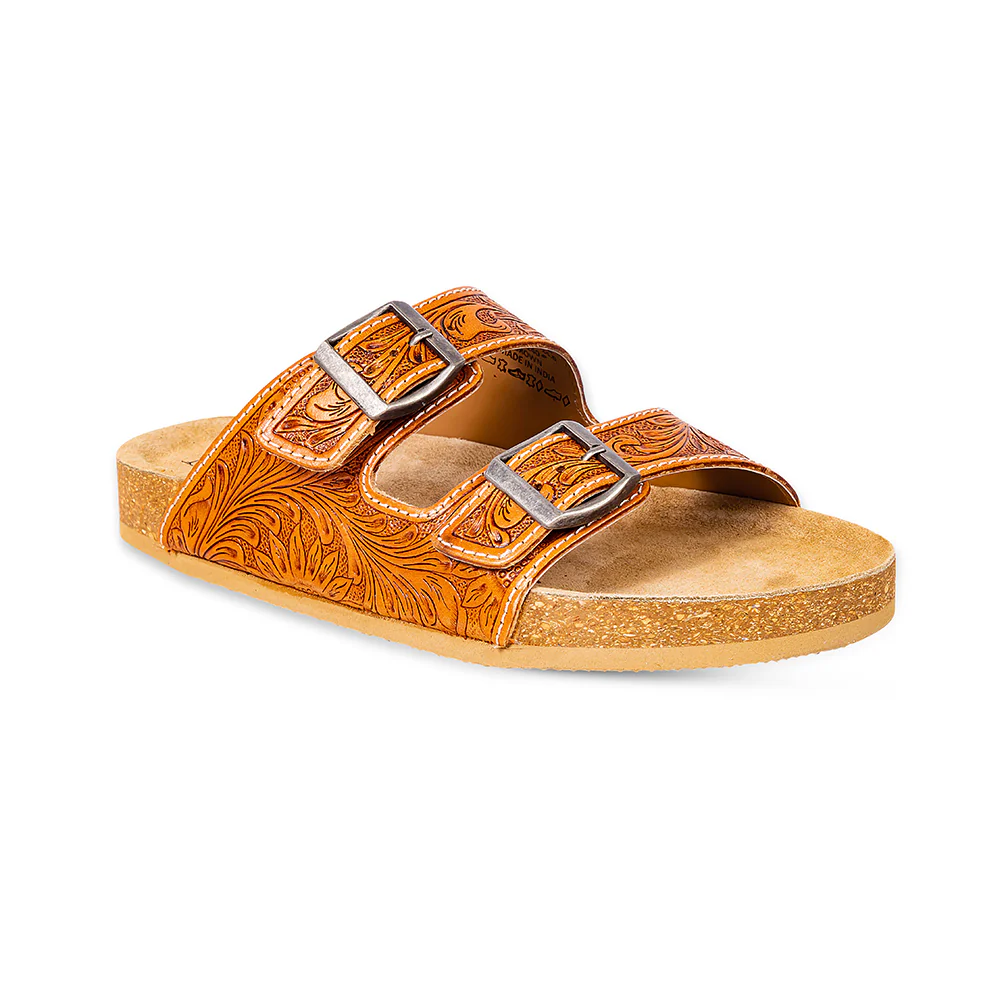 MYRA MOLLY MEGAN HANDTOOLED LEATHER SANDALS - EASY SLIP-ON DUAL BUCKLE LEATHER FLATS FOR WOMEN