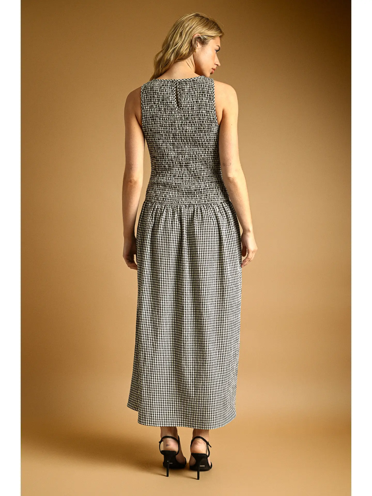 Mini Gingham Pattern Sleeveless Long Dress - BLACK