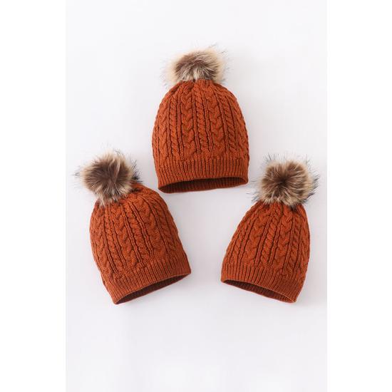 CARAMEL CABLE KNIT POM POM BEANIE