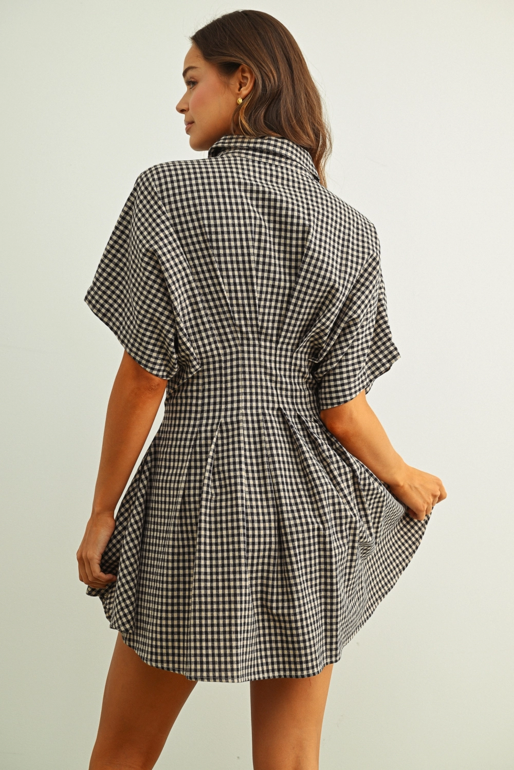 Gingham Patterned Shirt Dress - Navy