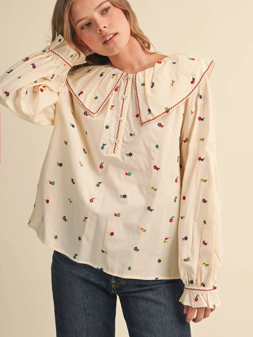 Embroidered Floral Oversized Collar Button Down Top