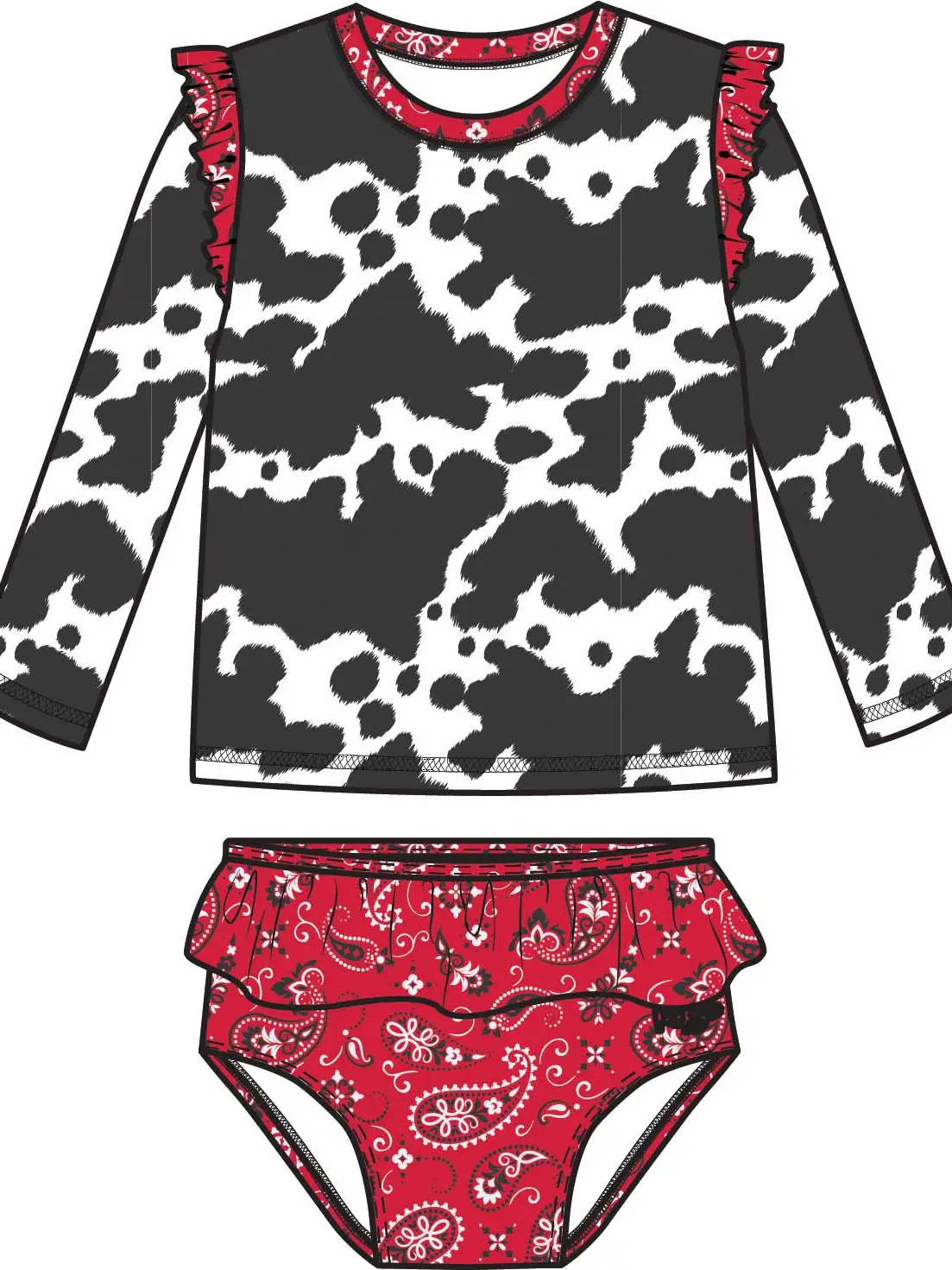 Girls Moo Crew Flutter Long Sleeve Rash Guard Skirted 2-Piece Swimsuit