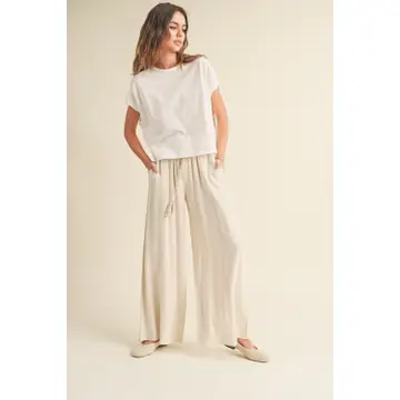 Cotton Linen Smocked Waist Pants with Tassel - Oatmeal