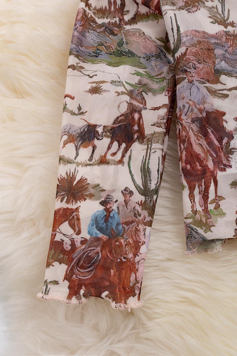 Wild West Rodeo Printed Mesh Long Sleeve Top