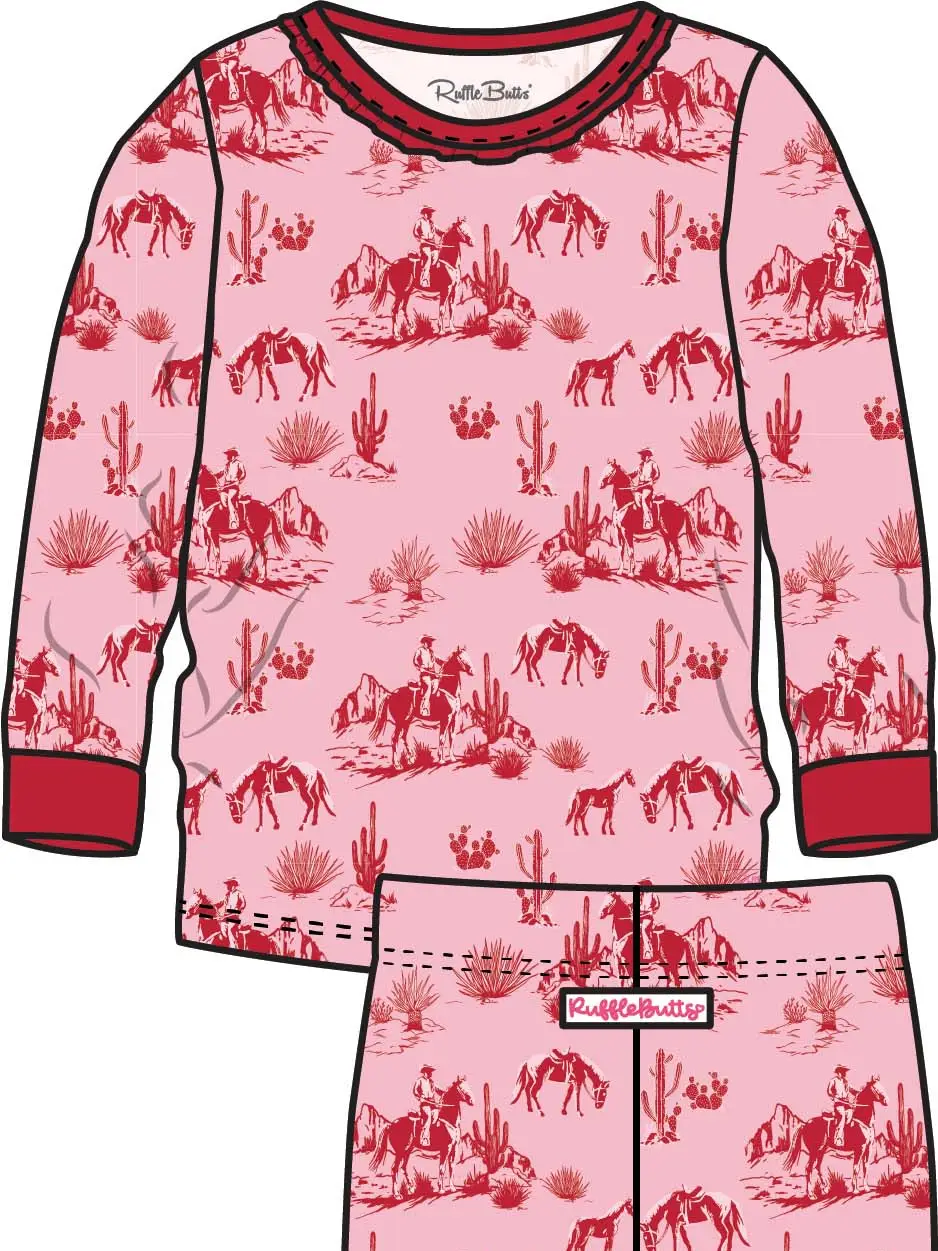 Softsnooze™ Girls Modal Blend Pink Western Trail Toile Ruffle Long Sleeve Pajama Set