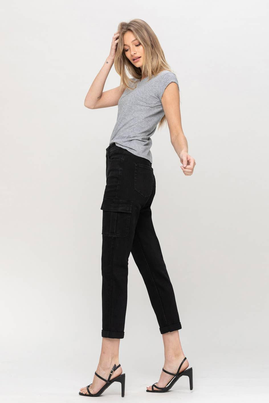 HIGH RISE MOM CARGO PANT | BLACK