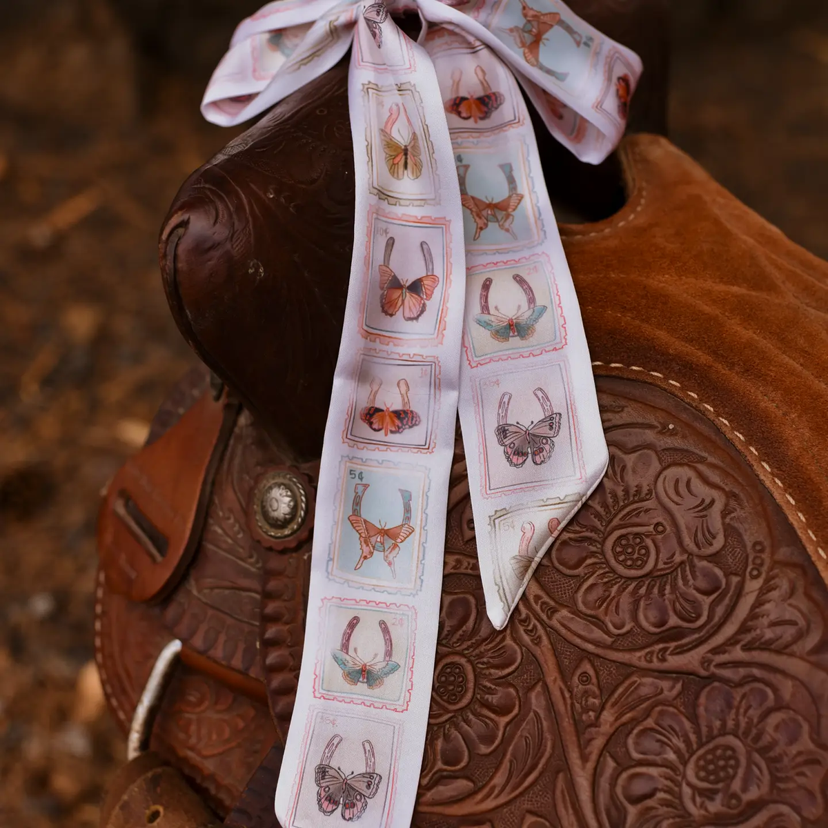 Postal Field Study Twilly Scarf in Almond: Vintage Western Satin Chiffon Scarf