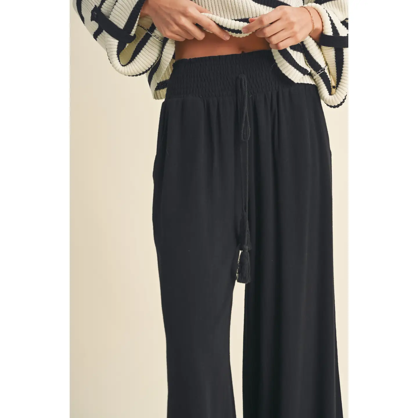 Cotton Linen Smocked Waist Pants with Tassel - Black