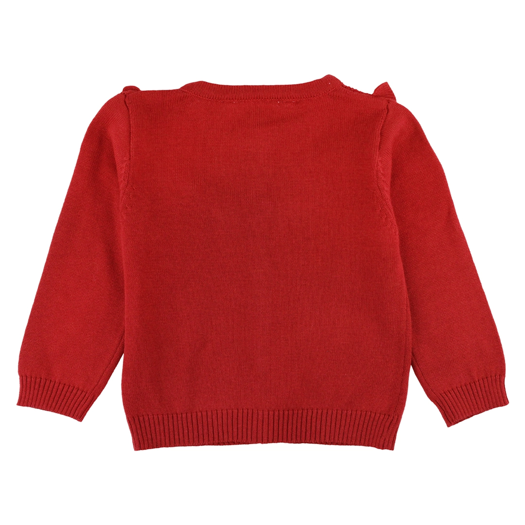Girls Red Sweater Knit Ruffle Trim Cardigan - Red