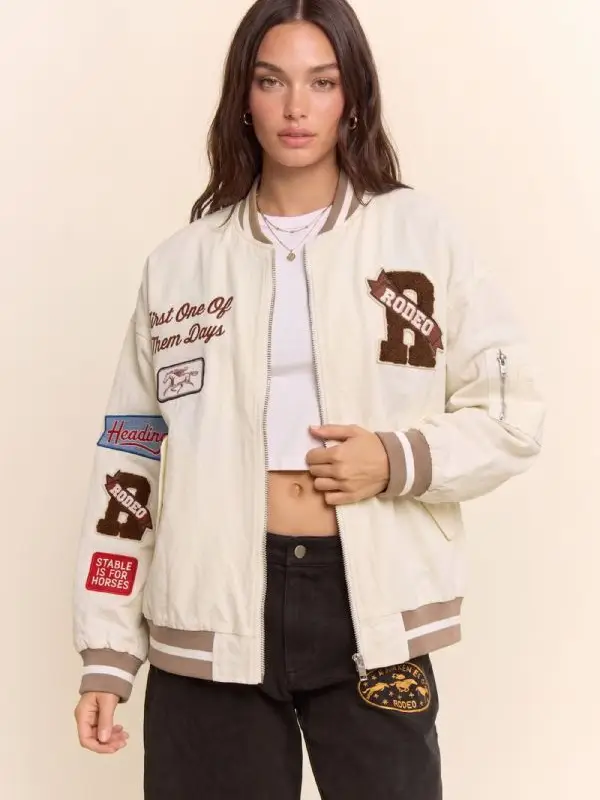 Western Varsity Patch Bomber Jacket - CREAM