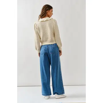 Ruffle Collar Knit Cardigan - Natural