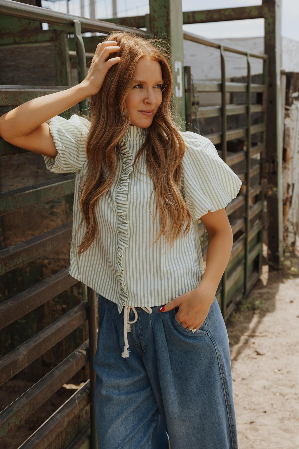 Striped Ruffled Button Down Top - SEAFOAM GREEN