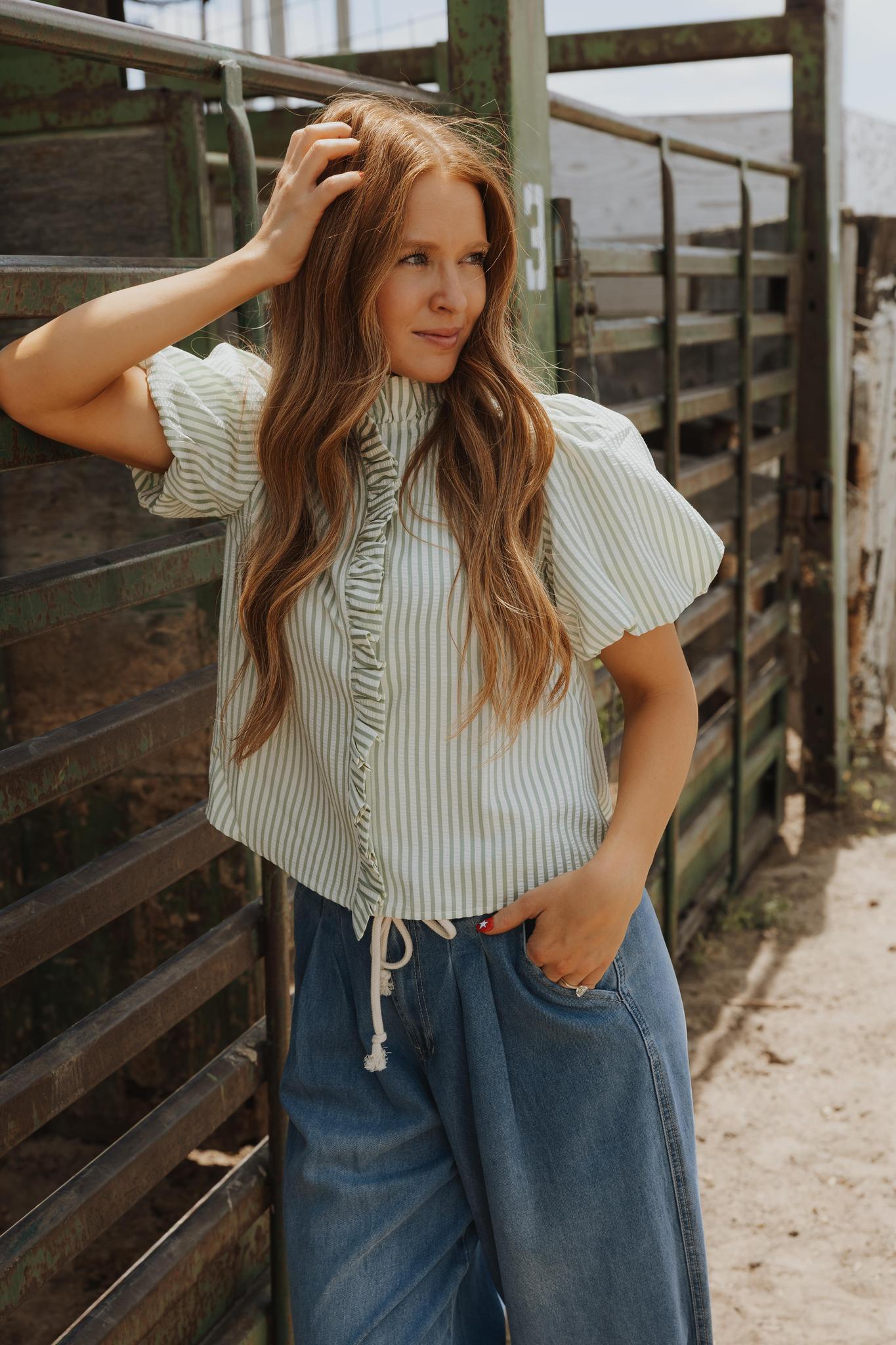 Striped Ruffled Button Down Top - SEAFOAM GREEN